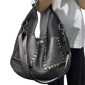 Stylish Large Black Tote Hobo Bag with rivets